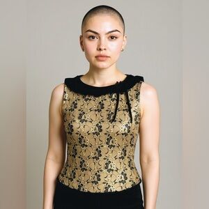 Cynthia Steffe Lace Overlay Silk Top with Faux Fur Trim